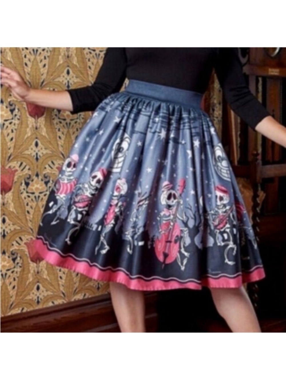 Gray and Black Skeleton Print Full Skirt with Red Accents